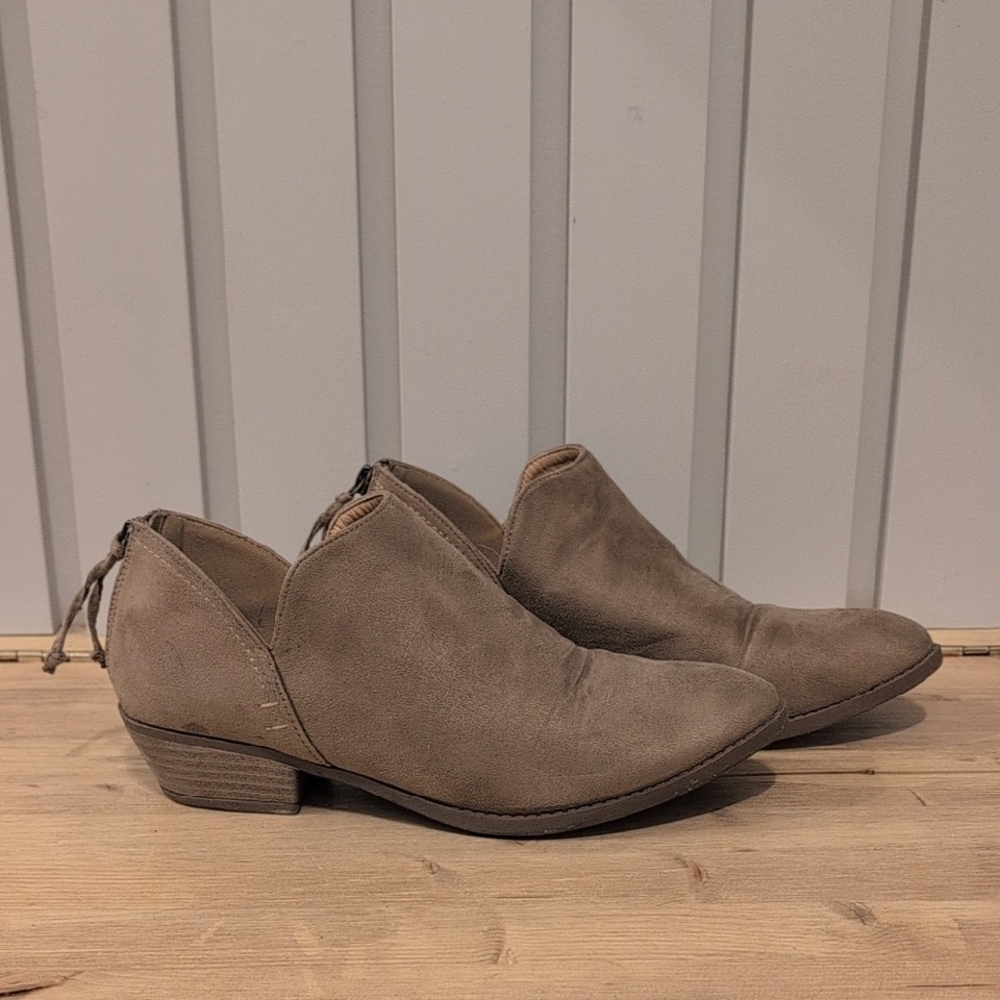 Taupe Suede Ankle Boots, Zip Detail, Low Heel